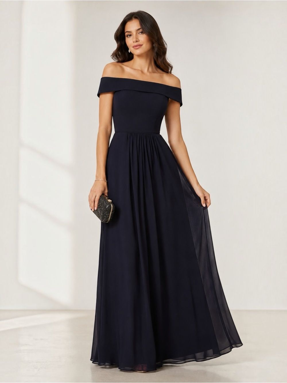 Adrianna Papell Off Shoulder Crepe Chiffon Long Formal Evening Gown Navy 2 NEW - Picture 1 of 15